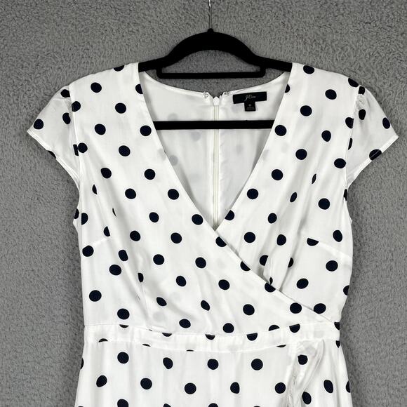 J Crew Dress Womens 6 White Black Polka Dot Faux Wrap Mini Cap Sleeve Ruffle - Picture 2 of 10